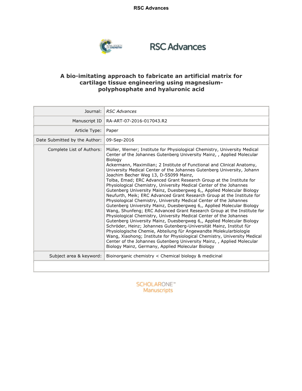 A Bio-Imitating Approach to Fabricate an Artificial Matrix for Cartilage Tissue Engineering Using Magnesium-Polyphosphate and Hyaluronic Acid