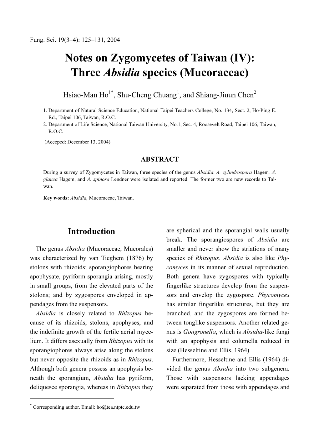 Notes on Zygomycetes of Taiwan (IV): Three Absidia Species (Mucoraceae)