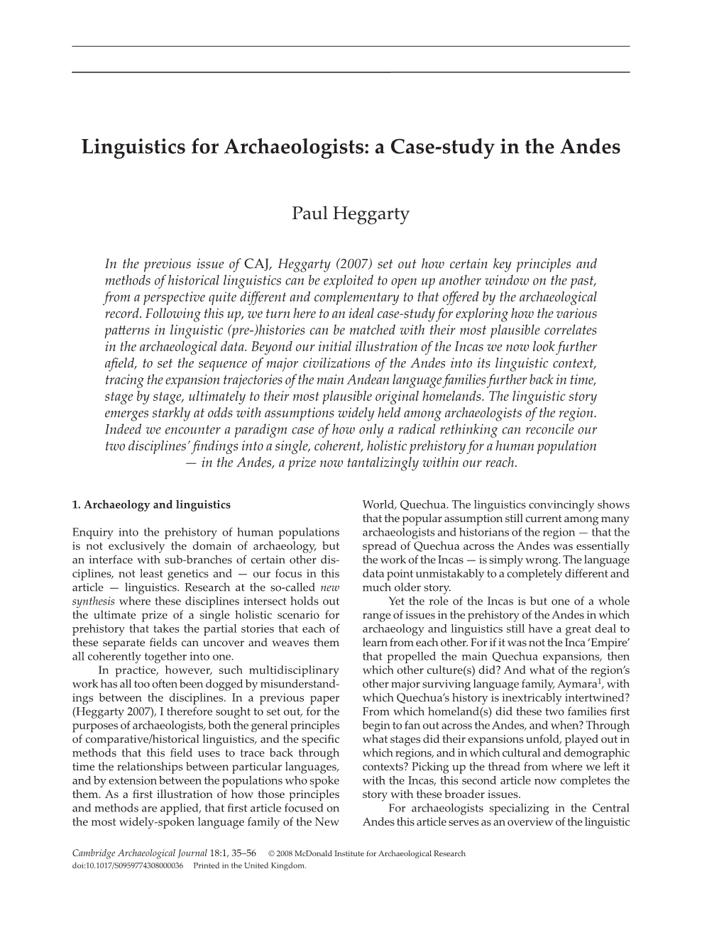 Linguistics for Archaeologists: a Case-Study in the Andes