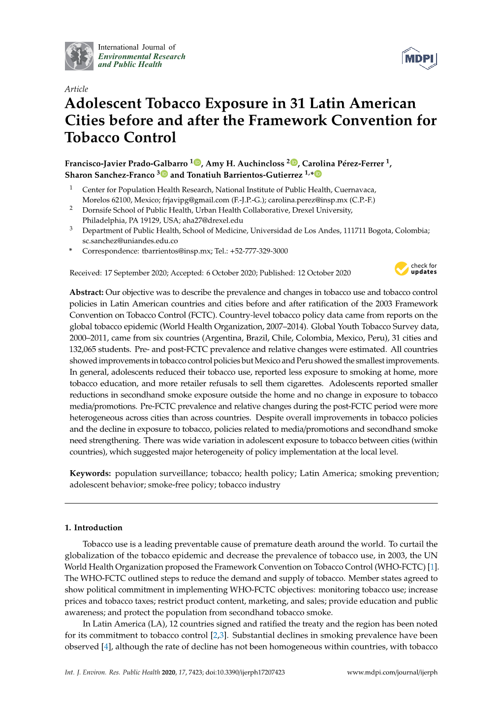 Adolescent Tobacco Exposure in 31 Latin American Cities Before and After the Framework Convention for Tobacco Control