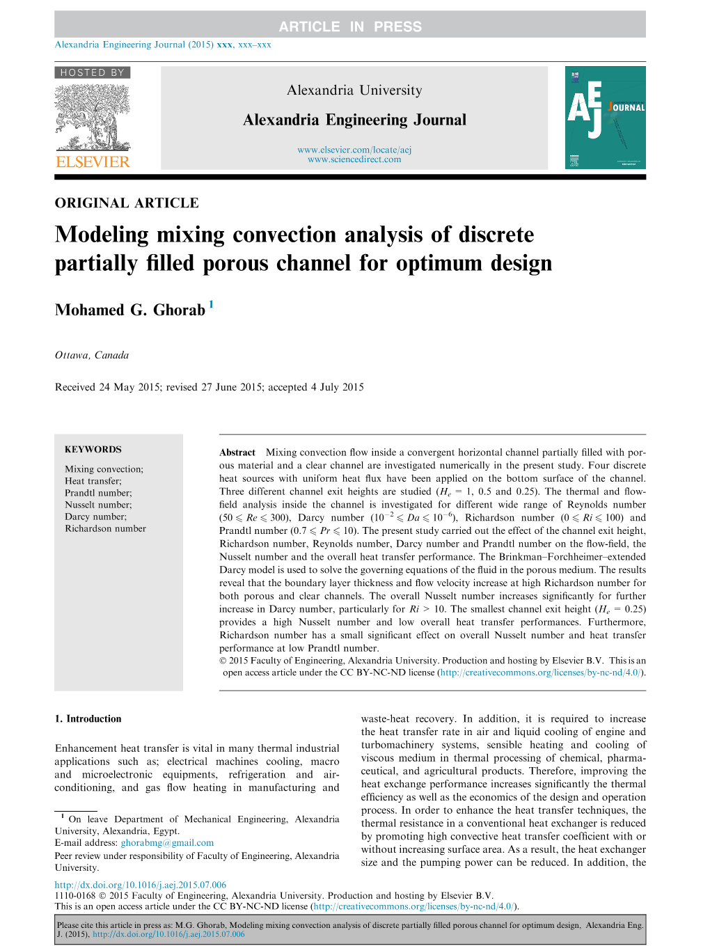 Modeling Mixing Convection Analysis of Discrete Partially Filled Porous