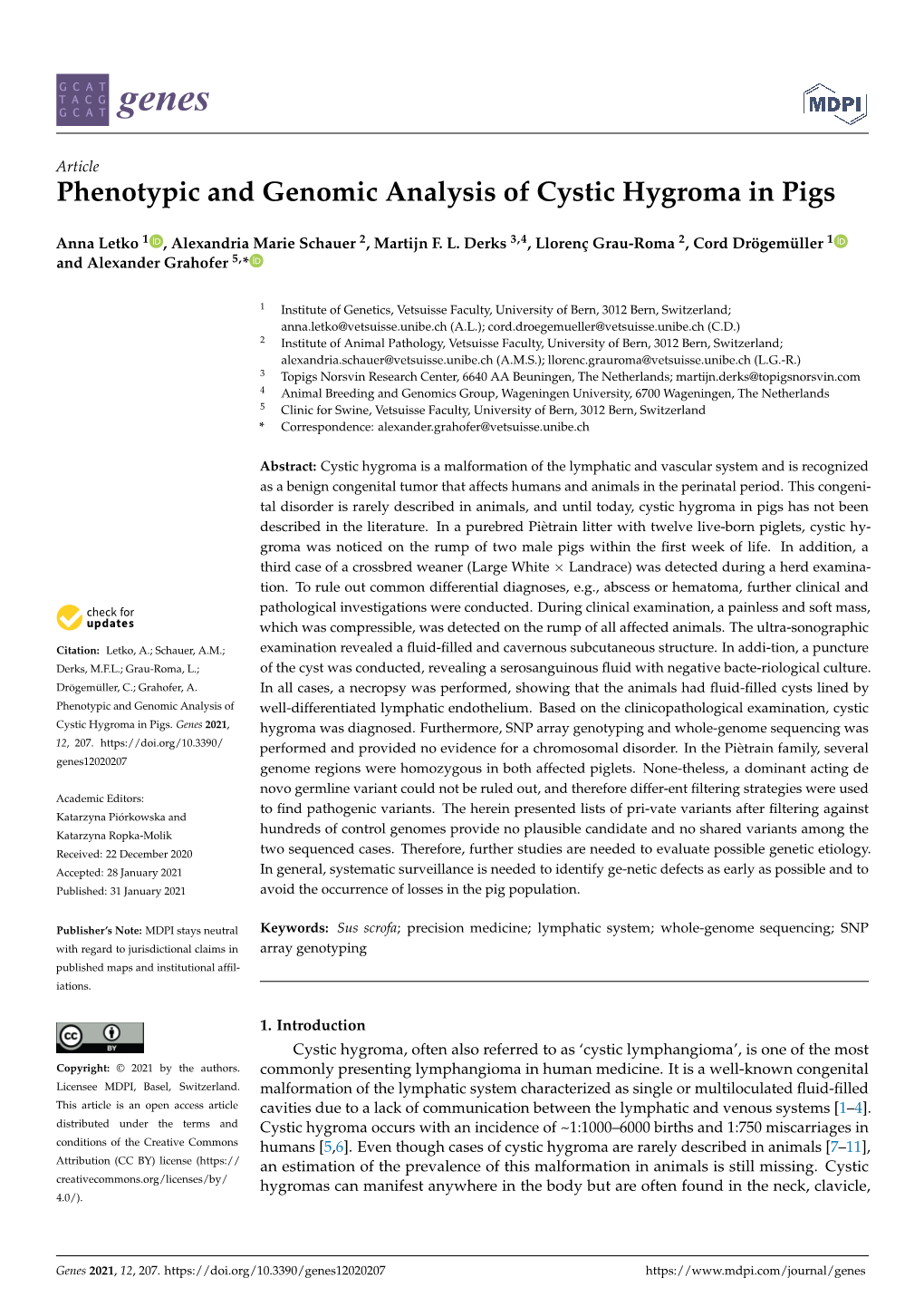 Phenotypic and Genomic Analysis of Cystic Hygroma in Pigs