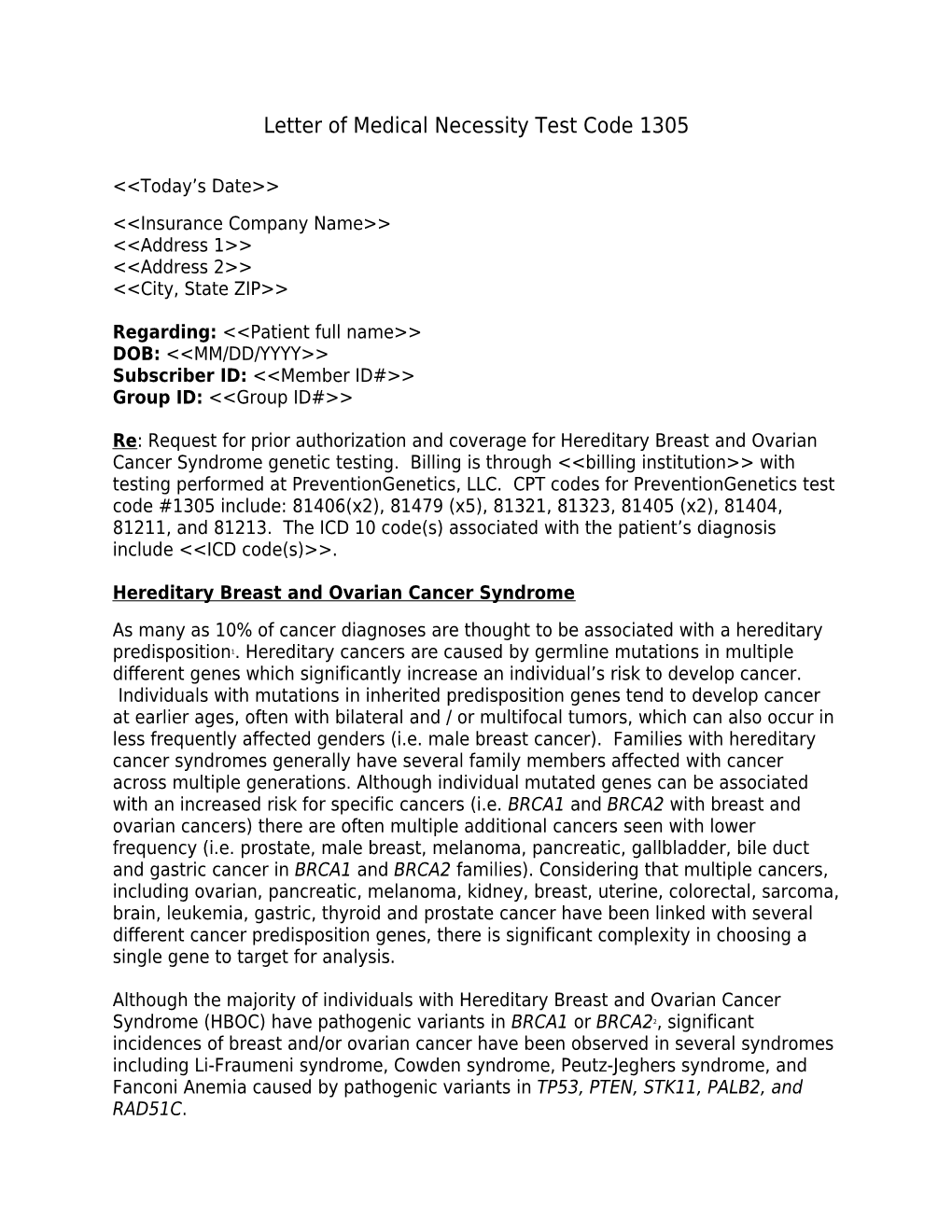 Letter of Medical Necessity Test Code 1305