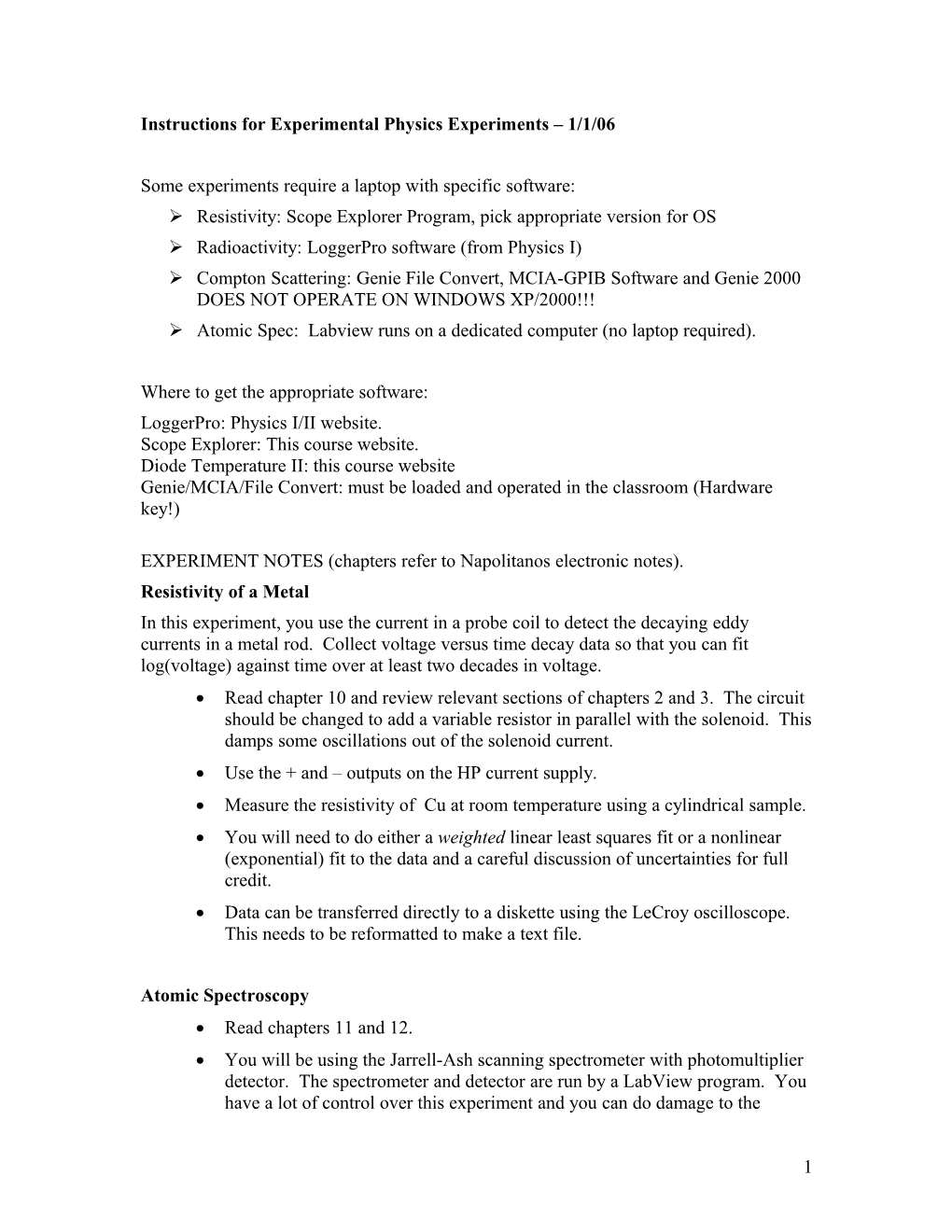 Notes For Experimental Physics Experiments