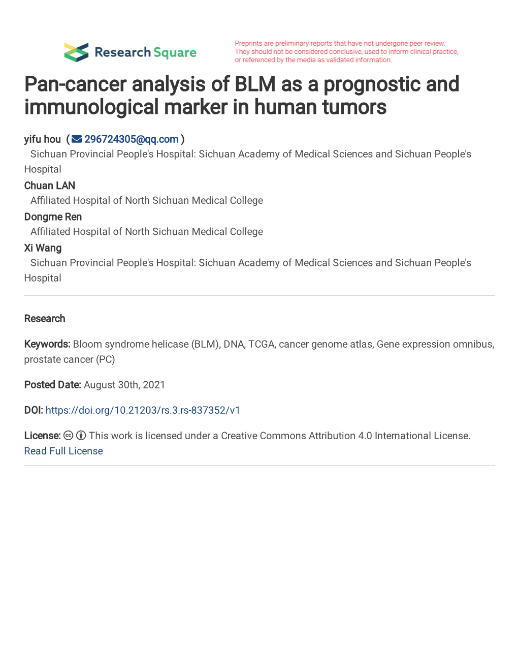 Pan-Cancer Analysis of BLM As a Prognostic and Immunological