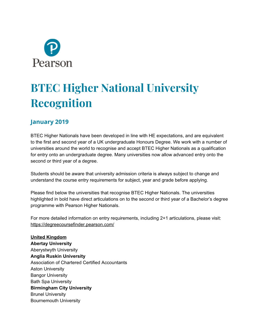 BTEC Higher National University Recognition