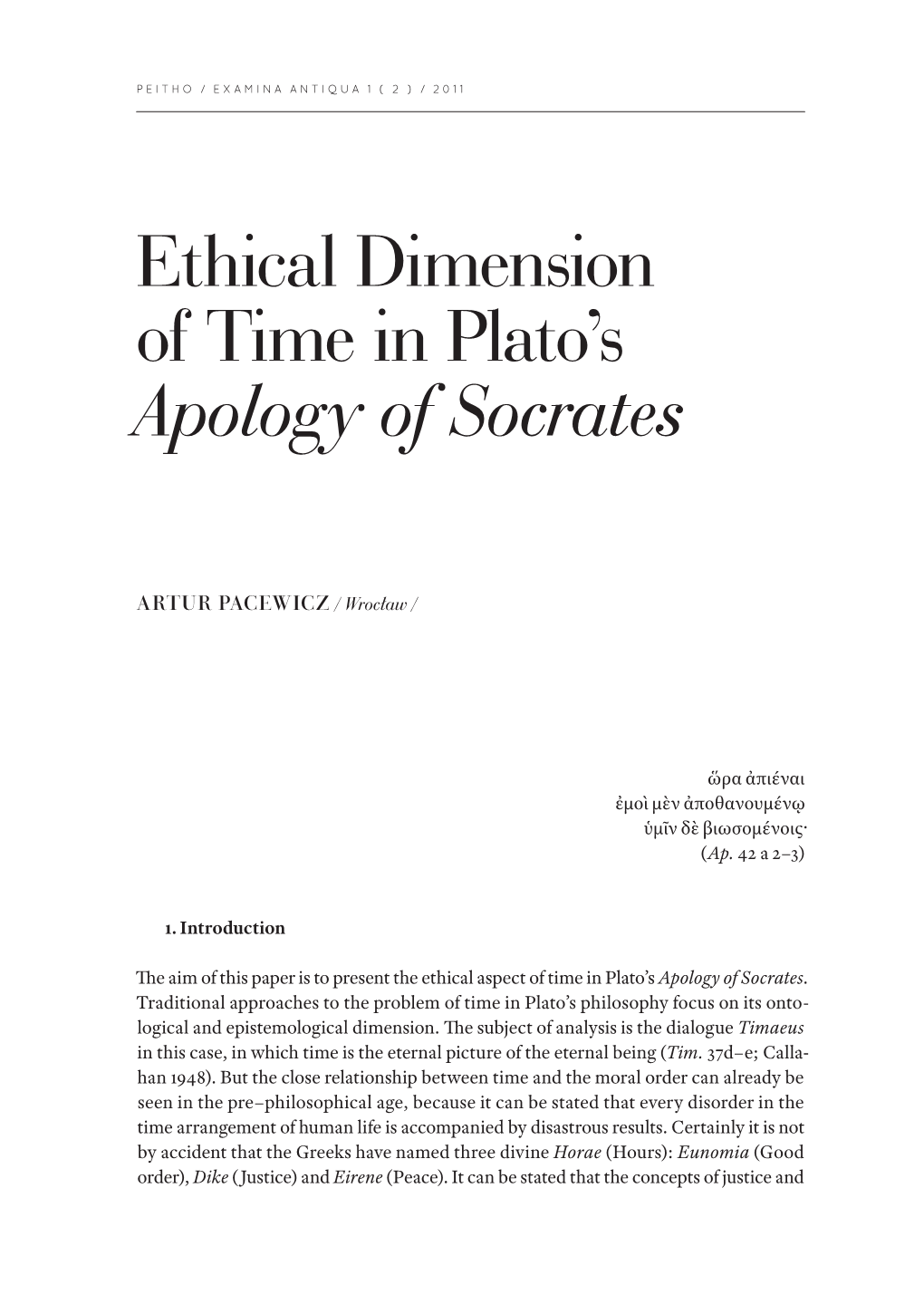 Ethical Dimension of Time in Plato's Apology of Socrates