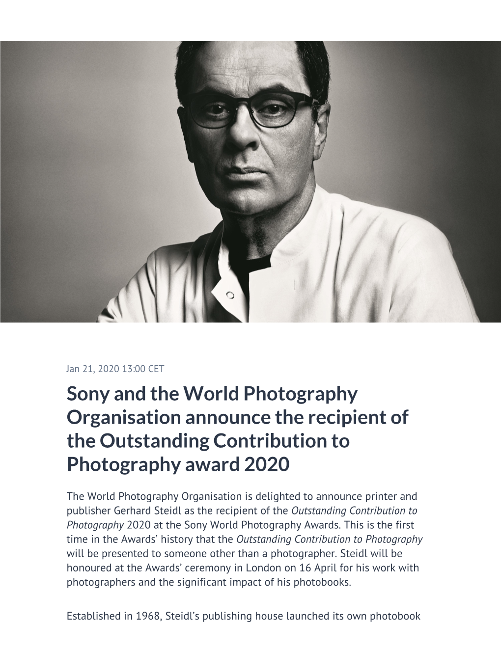 Sony and the World Photography Organisation Announce the Recipient of the Outstanding Contribution to Photography Award 2020