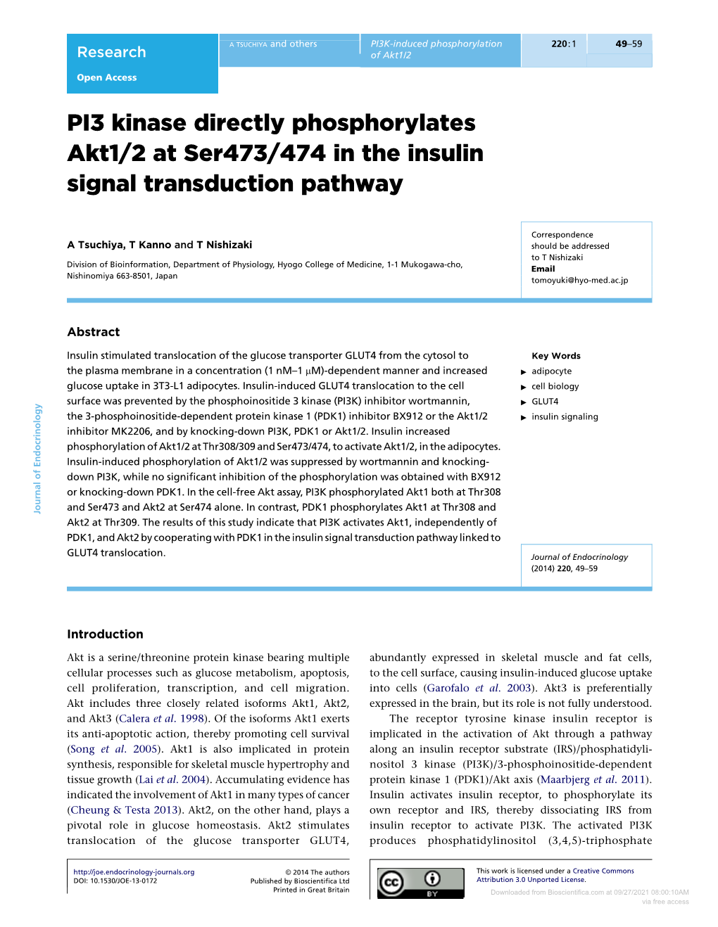 PI3 Kinase Directly Phosphorylates Akt1/2 at Ser473/474 in the Insulin Signal Transduction Pathway