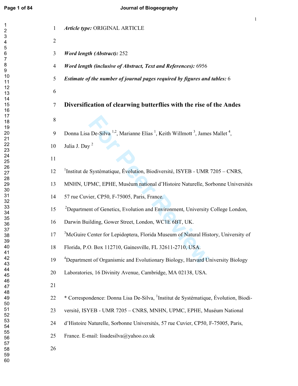 For Peer Review 19 20 9 Donna Lisa De�Silva 1,2 , Marianne Elias 1, Keith Willmott 3, James Mallet 4, 21 22 10 Julia J