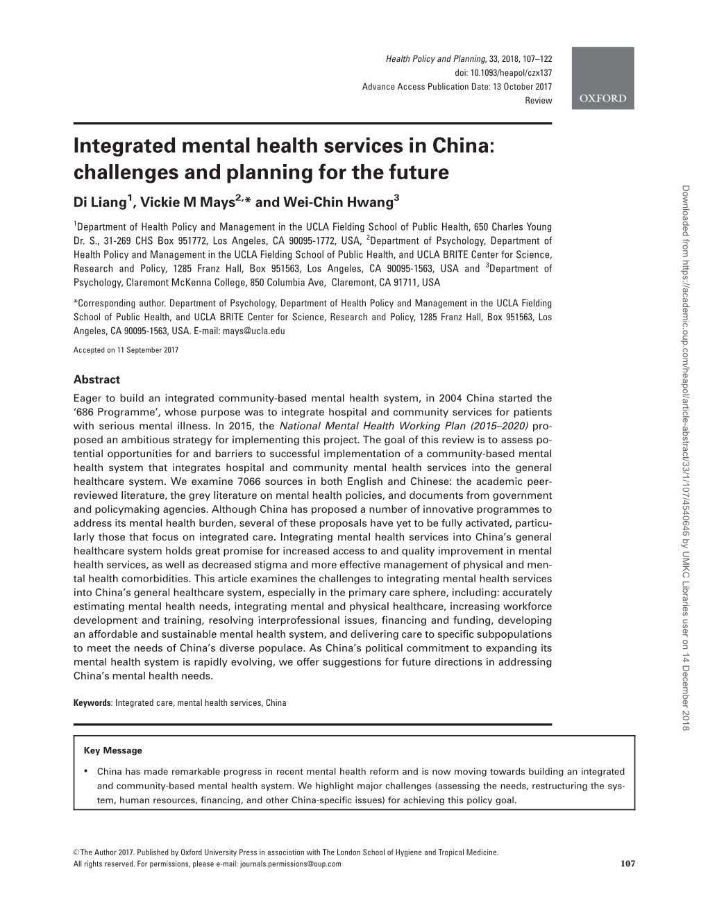 Integrated Mental Health Services in China: Challenges and Planning For