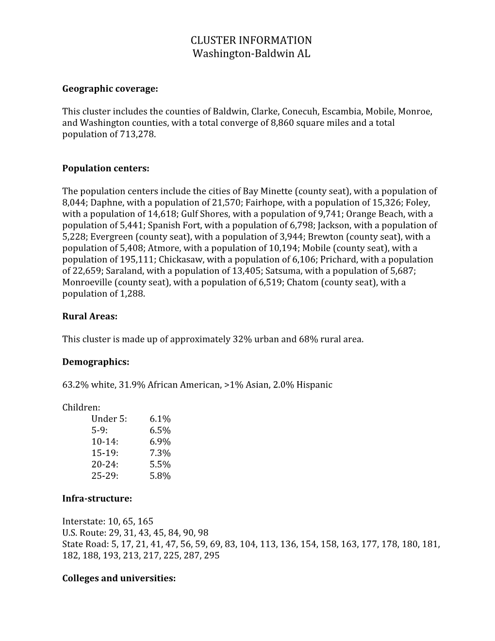 CLUSTER INFORMATION Washington-Baldwin AL Geographic Coverage