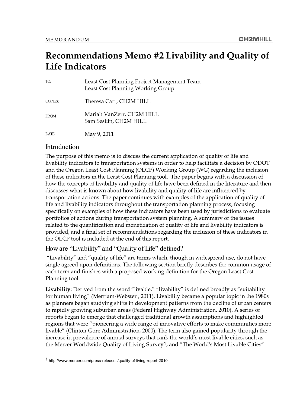 Recommendations Memo #2 Livability and Quality of Life Indicators