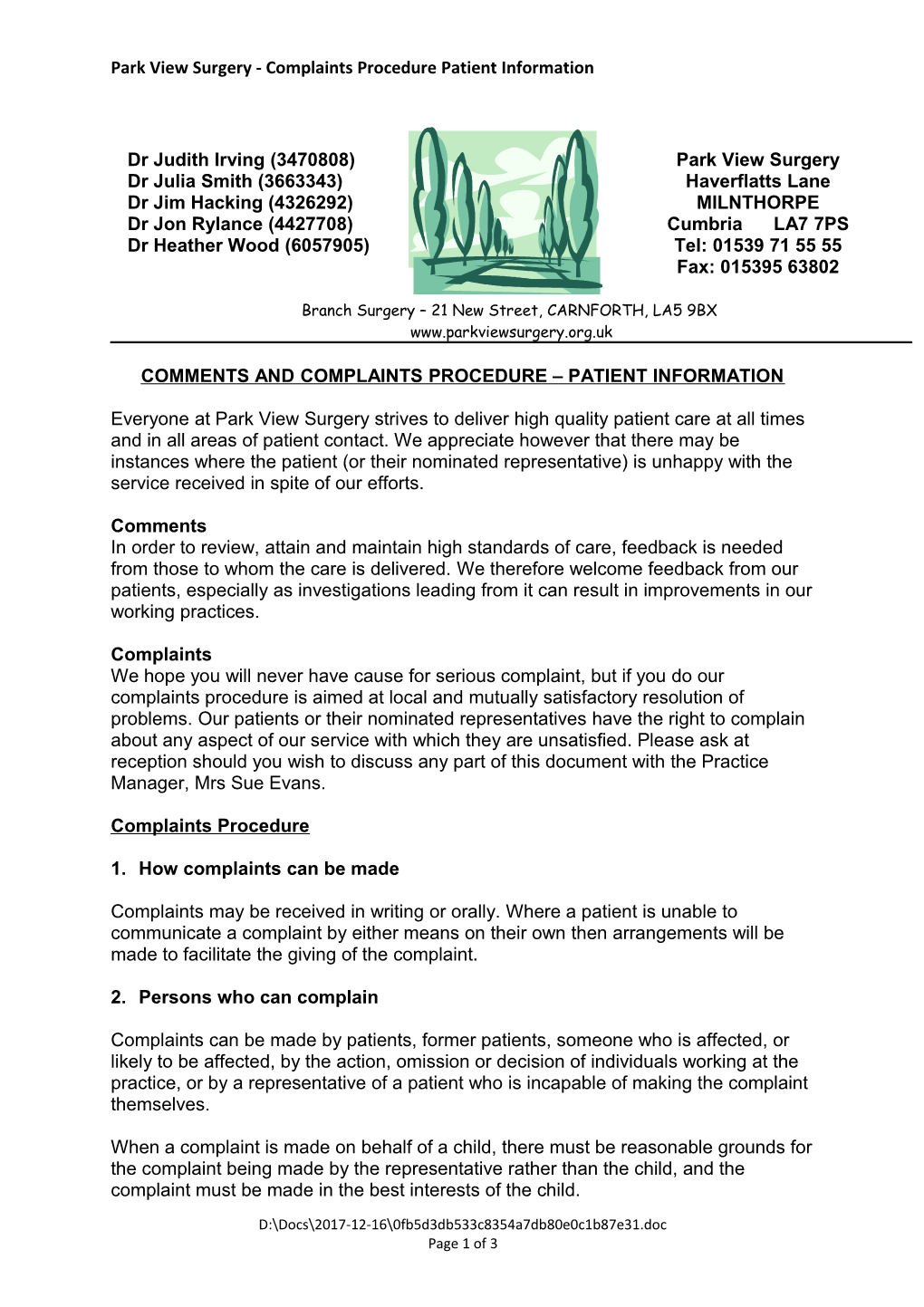 Draft Complaints Procedure Patient Information