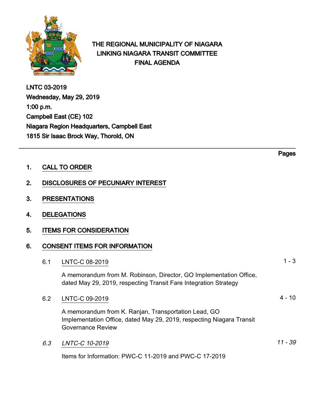 Linking Niagara Transit Committee Agenda Package