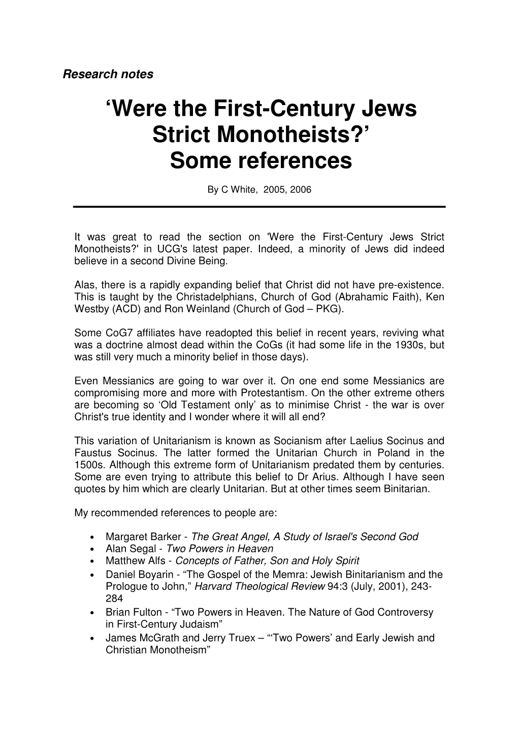 Were the First-Century Jews Strict Monotheists?’ Some References