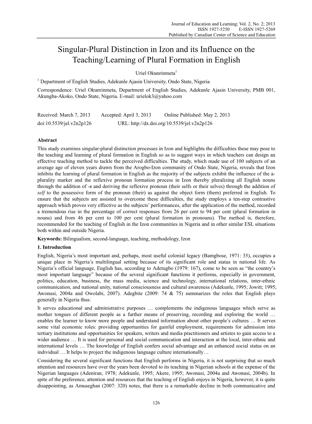 Singular-Plural Distinction in Izon and Its Influence on the Teaching/Learning of Plural Formation in English