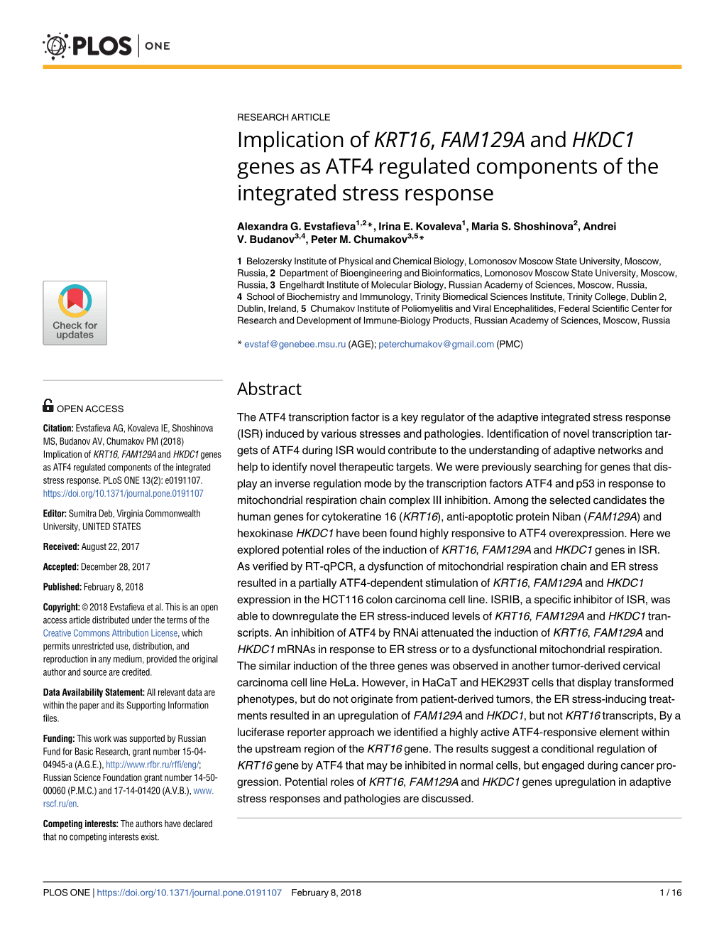 Implication of KRT16, FAM129A and HKDC1 Genes As ATF4 Regulated Components of the Integrated Stress Response