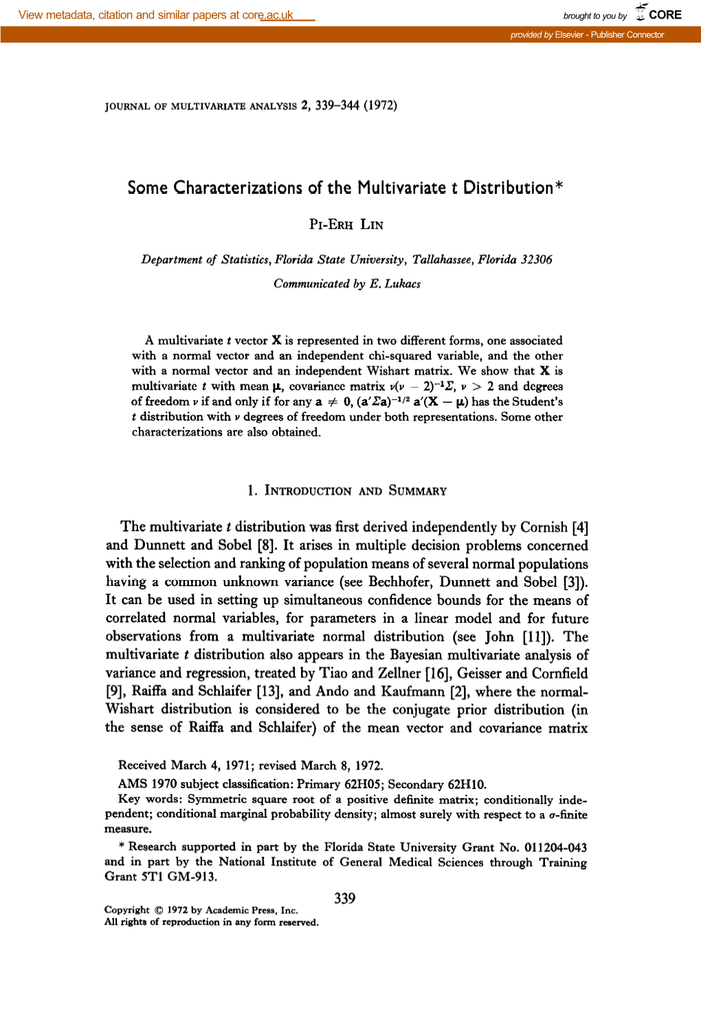 Some Characterizations of the Multivariate T Distribution*