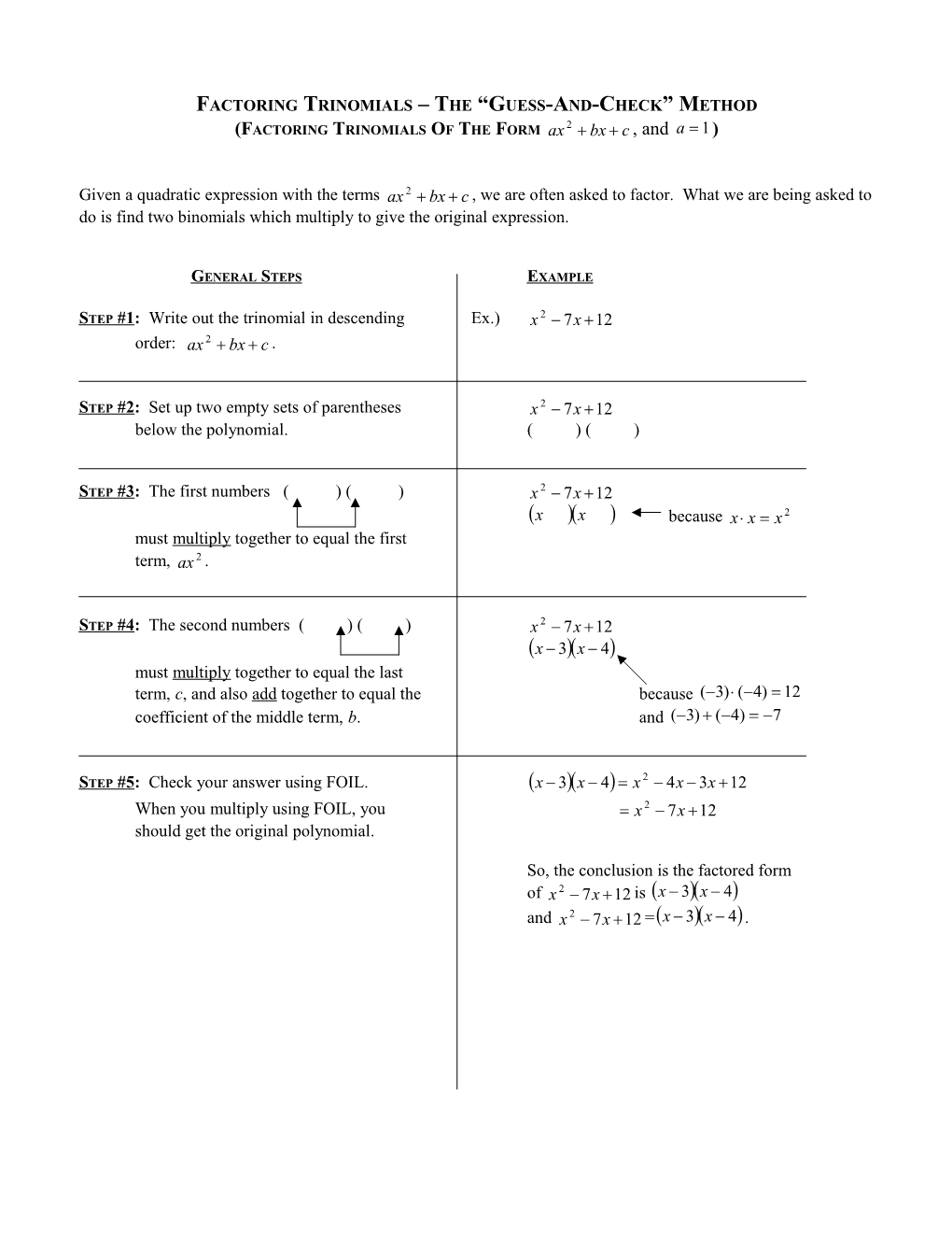 Factoring Trinomials the Guess-And-Check Method