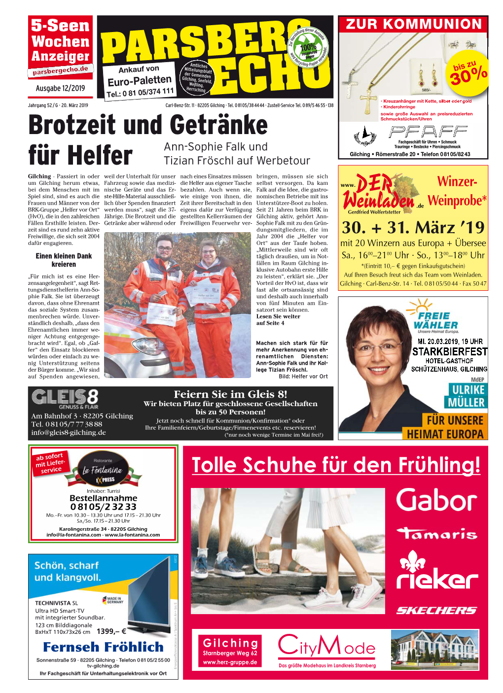 Gilching, Seefeld, Euro-Paletten Weßling, 30% Ausgabe 12/2019 Herrsching ECHO Tel.: 0 81 05/374 111 • Kreuzanhänger Mit Kette, Silber Oder Gold Jahrgang 52 / G · 20