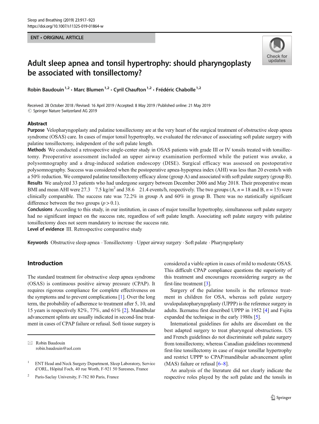 Adult Sleep Apnea and Tonsil Hypertrophy: Should Pharyngoplasty Be Associated with Tonsillectomy?