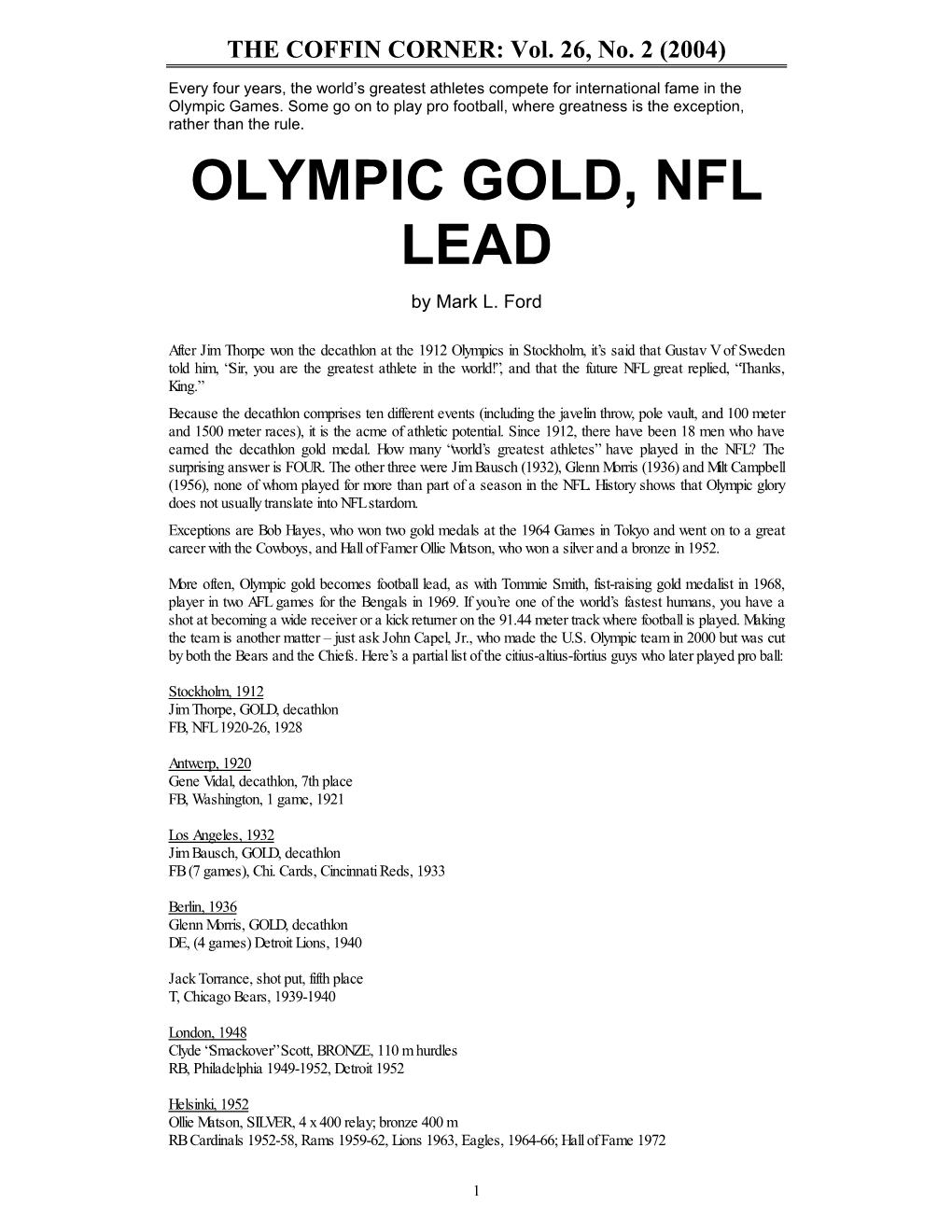 Olympic Gold, Nfl Lead