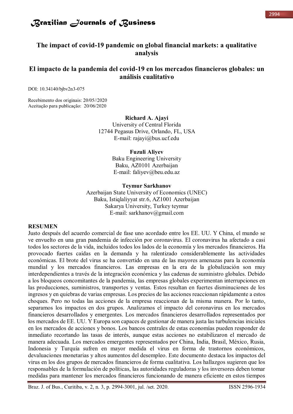 The Impact of Covid-19 Pandemic on Global Financial Markets: a Qualitative Analysis