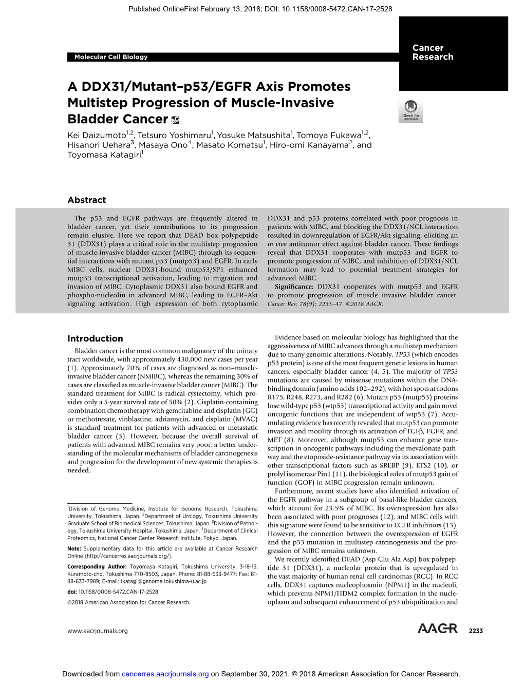 A DDX31/Mutant–P53/EGFR Axis Promotes Multistep Progression Of