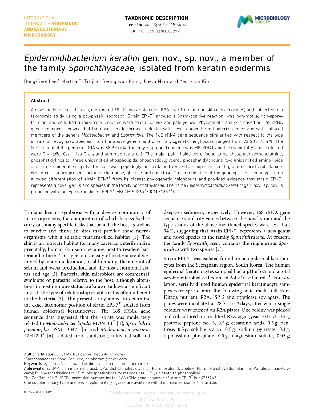 Epidermidibacterium Keratini Gen. Nov., Sp. Nov., a Member of the Family Sporichthyaceae, Isolated from Keratin Epidermis