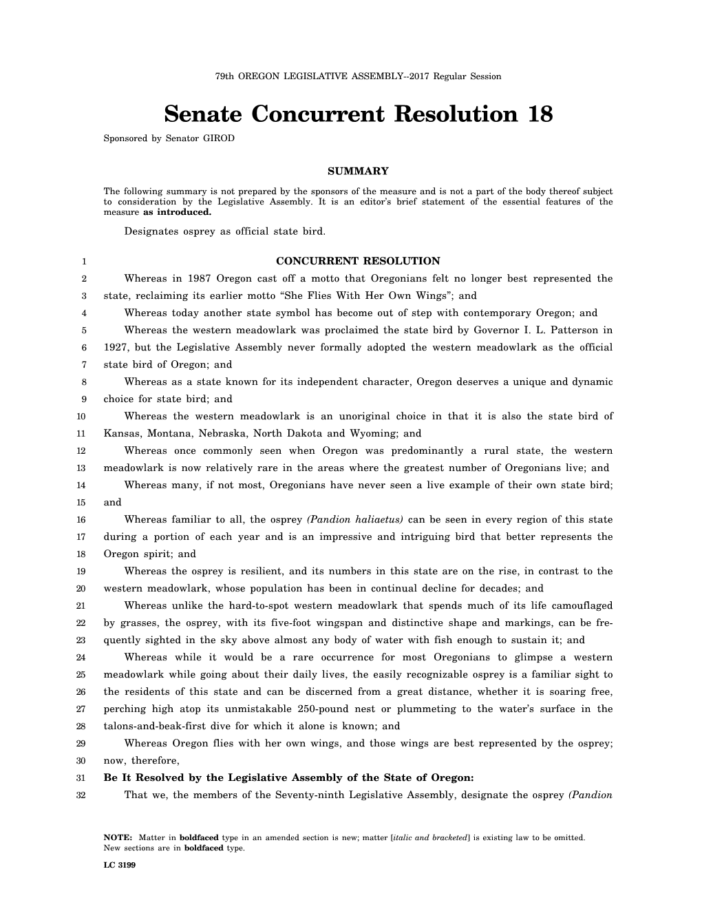Senate Concurrent Resolution 18 Sponsored by Senator GIROD