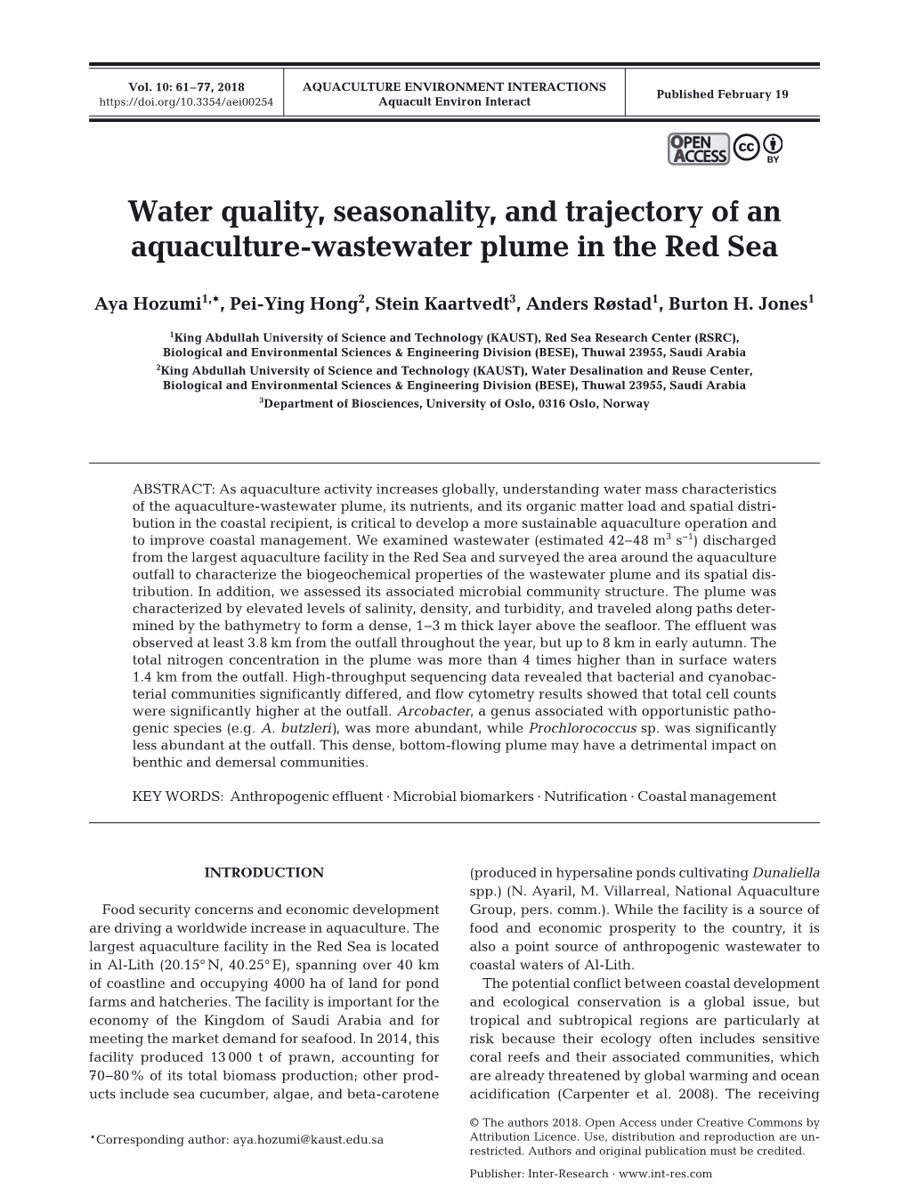Water Quality, Seasonality, and Trajectory of an Aquaculture-Wastewater Plume in the Red Sea