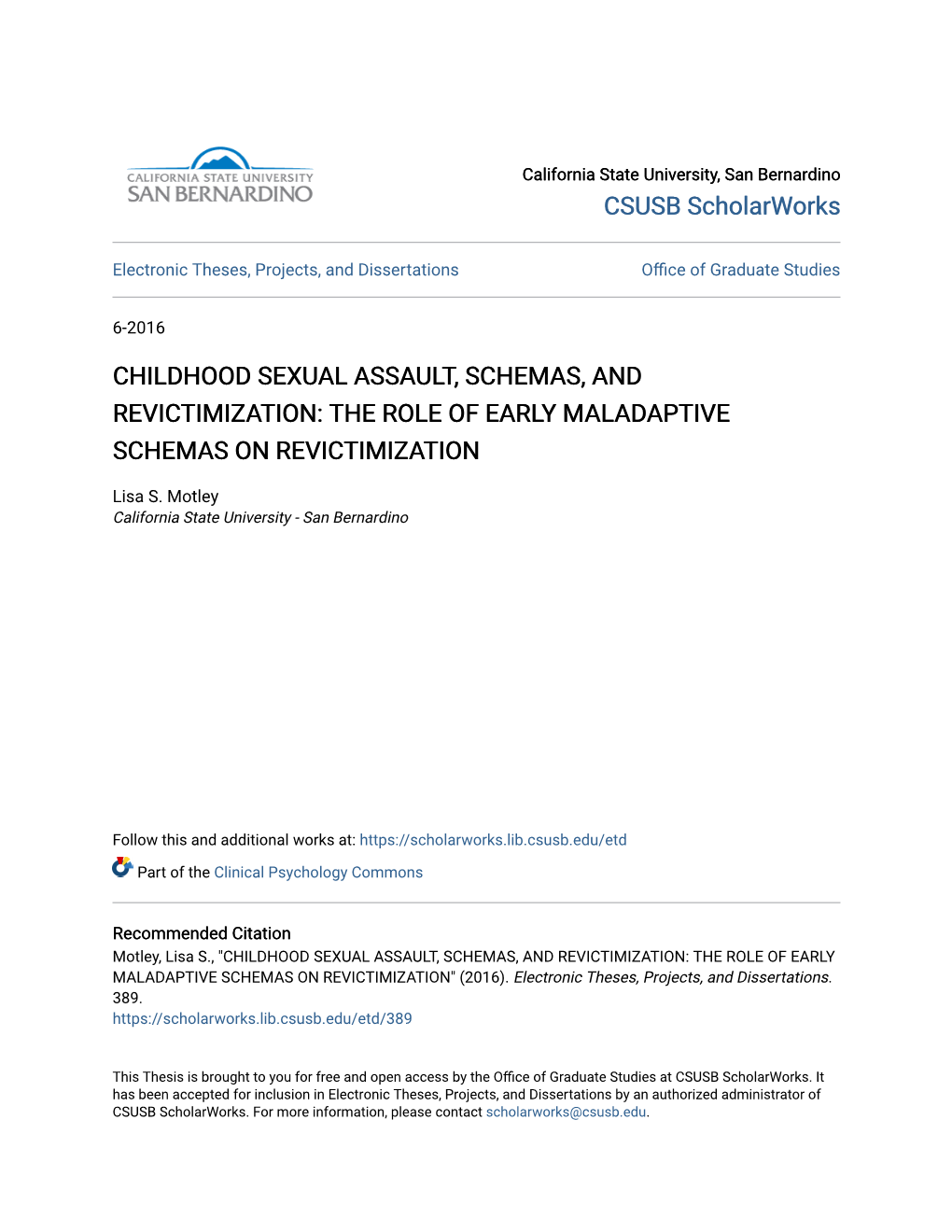 Childhood Sexual Assault, Schemas, and Revictimization: the Role of Early Maladaptive Schemas on Revictimization