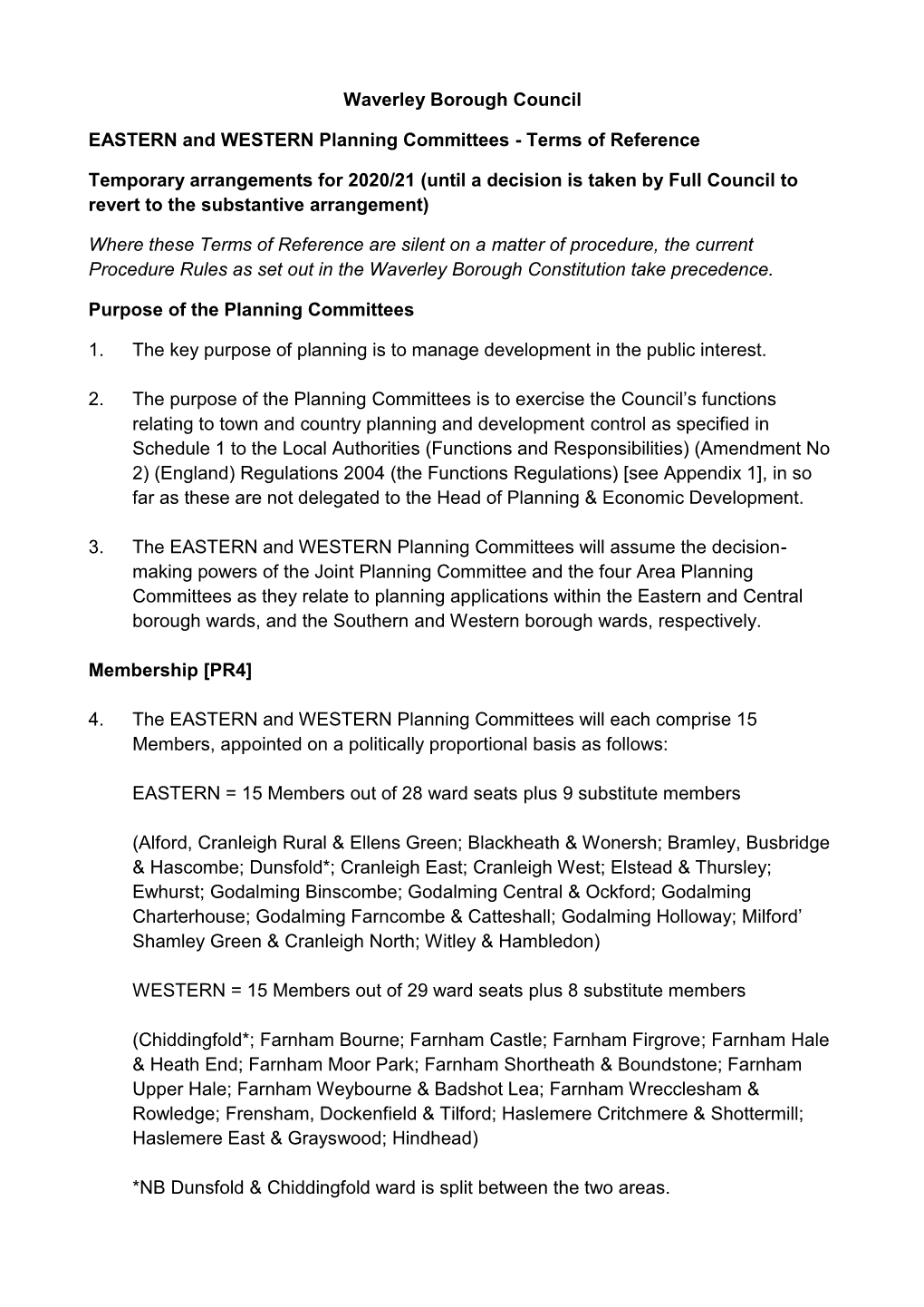 Waverley Borough Council EASTERN and WESTERN Planning Committees