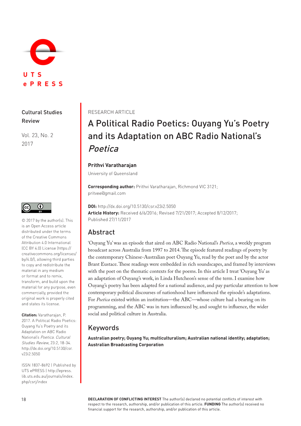 A Political Radio Poetics: Ouyang Yu's Poetry and Its Adaptation on ABC Radio National's Poetica