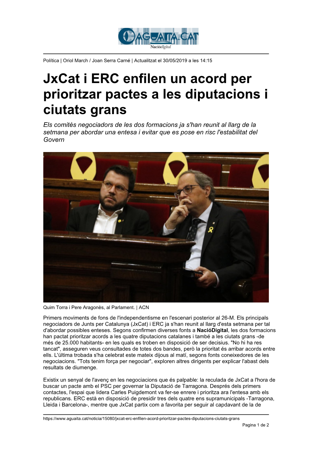 Jxcat I ERC Enfilen Un Acord Per Prioritzar Pactes a Les Diputacions I