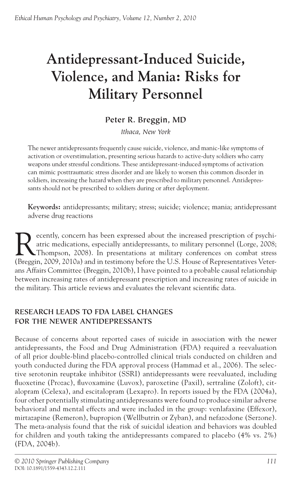 Antidepressant-Induced Suicide, Violence, and Mania: Risks for Military Personnel