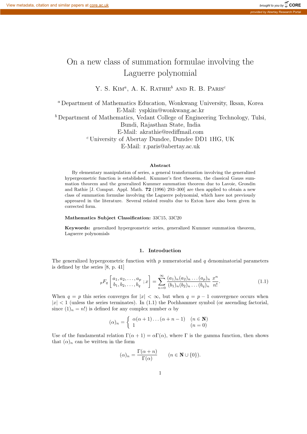 On a New Class of Summation Formulae Involving the Laguerre Polynomial