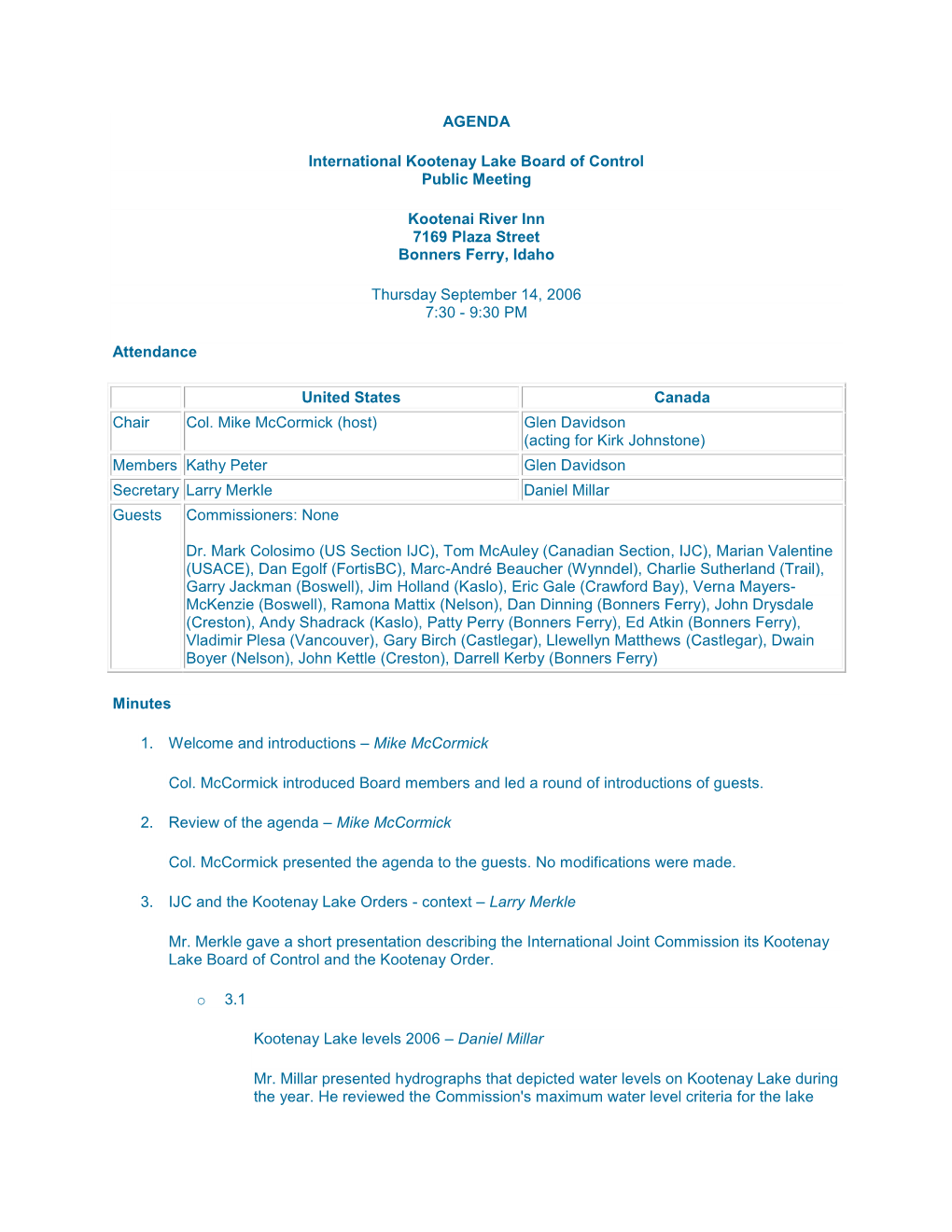 AGENDA International Kootenay Lake Board of Control Public Meeting