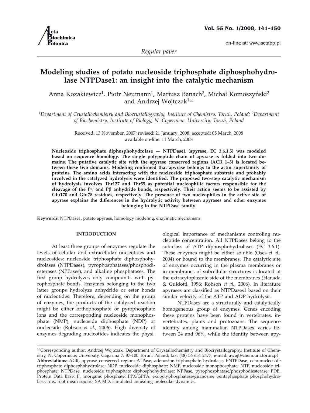 Modeling Studies of Potato Nucleoside Triphosphate Diphosphohydro- Lase Ntpdase1: an Insight Into the Catalytic Mechanism