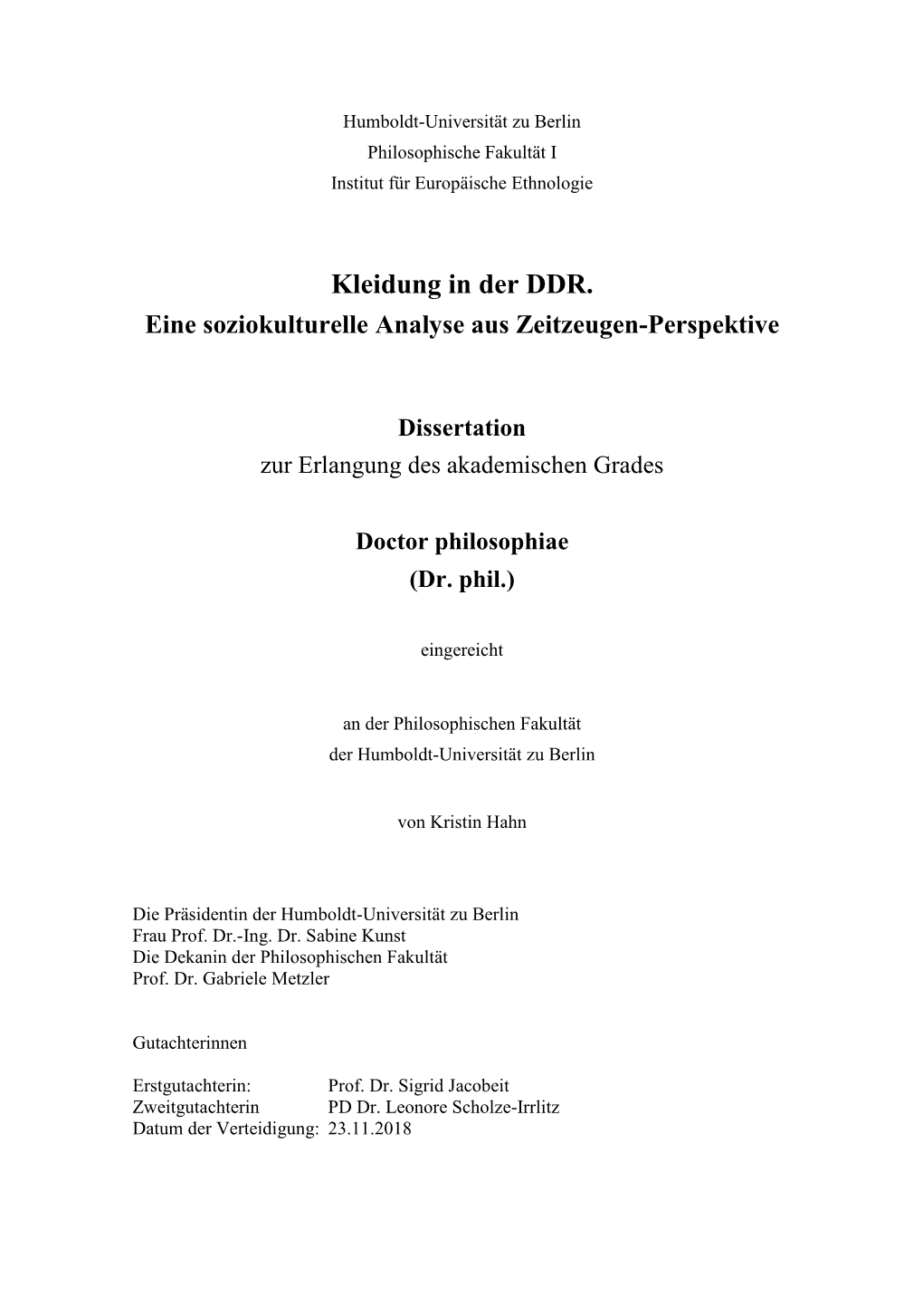 Kleidung in Der DDR. Eine Soziokulturelle Analyse Aus Zeitzeugen-Perspektive