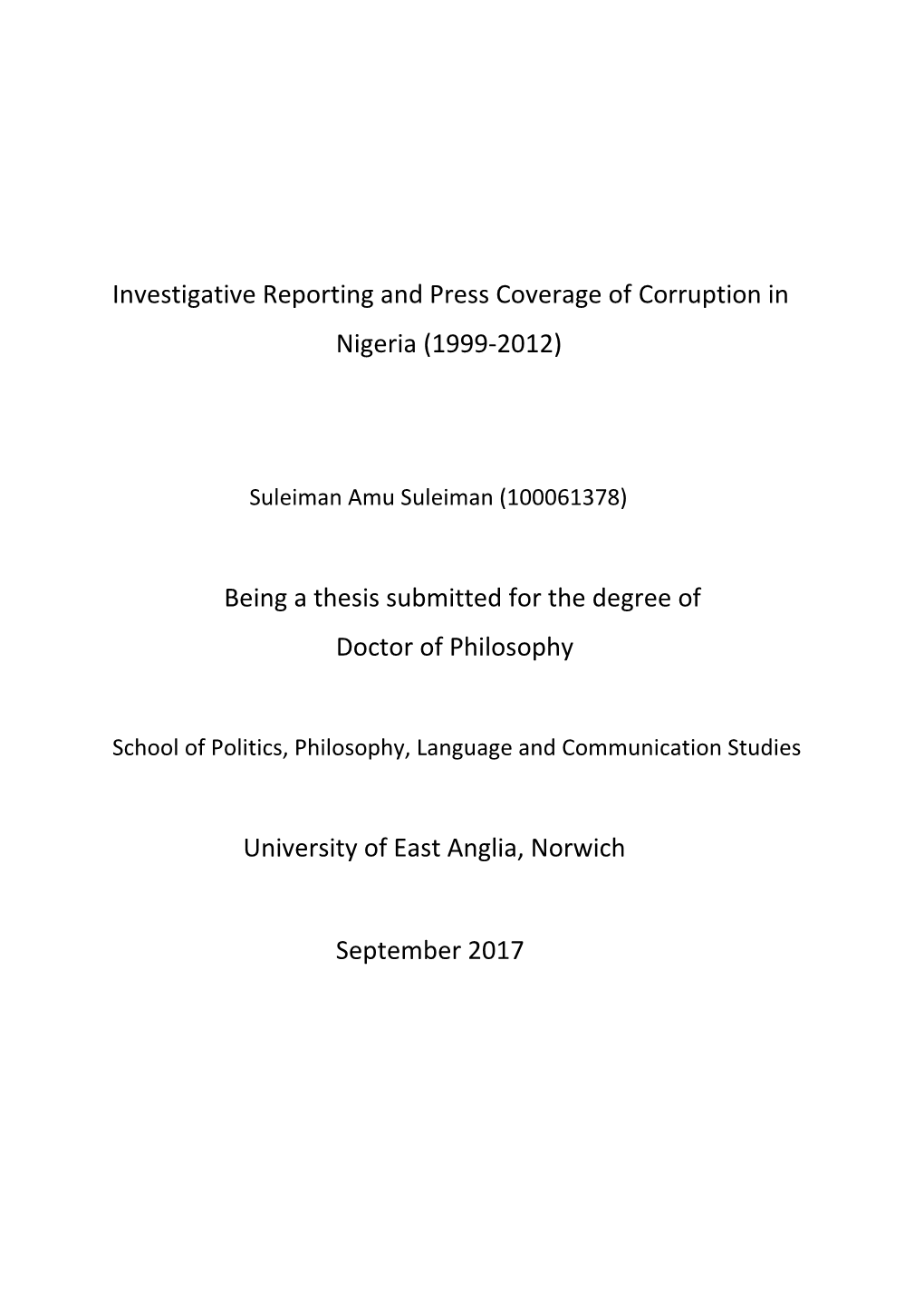 Investigative Reporting and Press Coverage of Corruption in Nigeria (1999-2012)