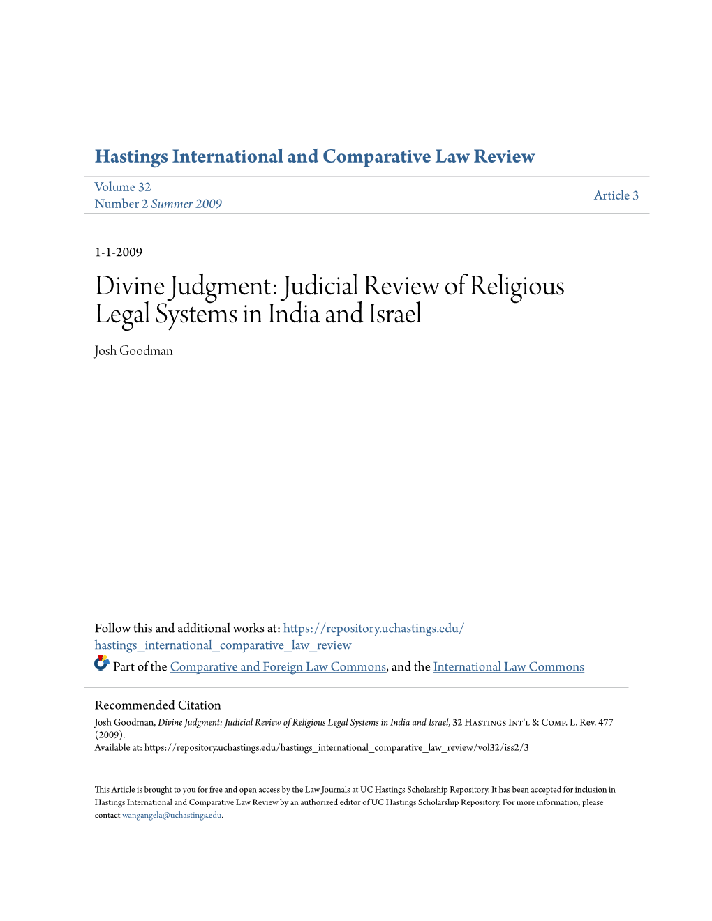 Divine Judgment: Judicial Review of Religious Legal Systems in India and Israel Josh Goodman