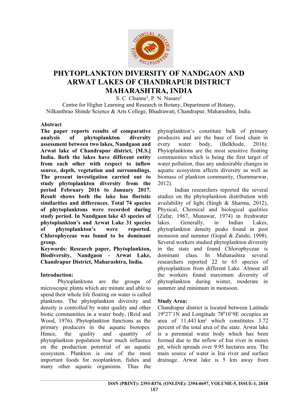 Phytoplankton Diversity of Nandgaon and Arwat Lakes of Chandrapur District Maharashtra, India S