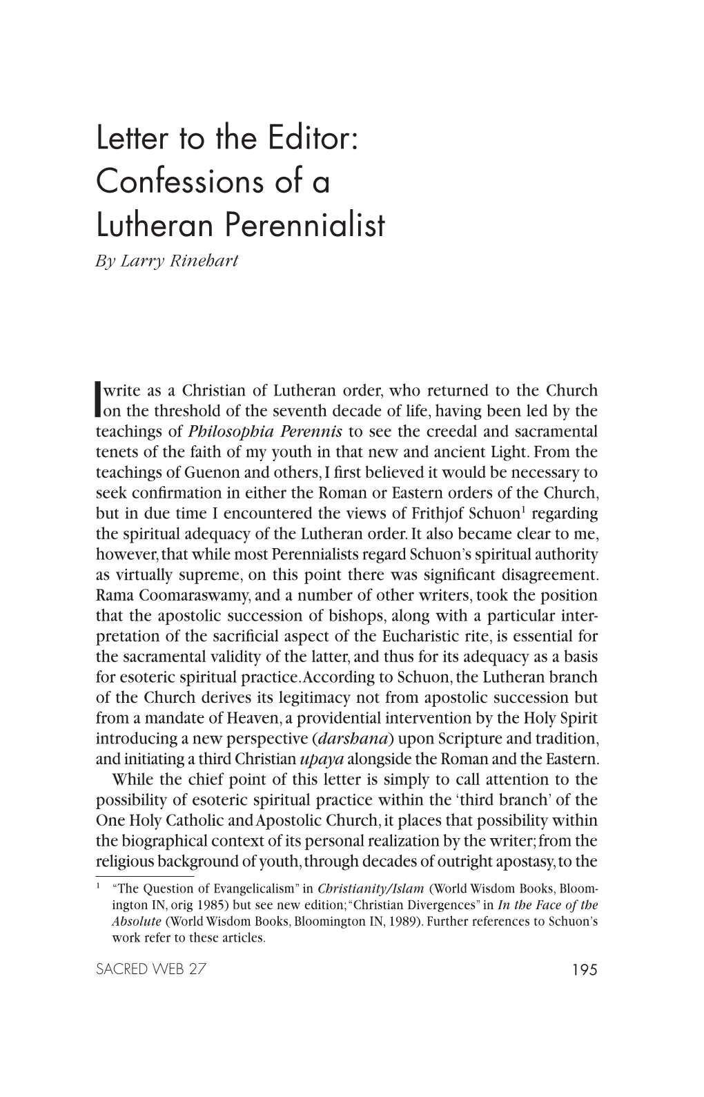 Confessions of a Lutheran Perennialist by Larry Rinehart