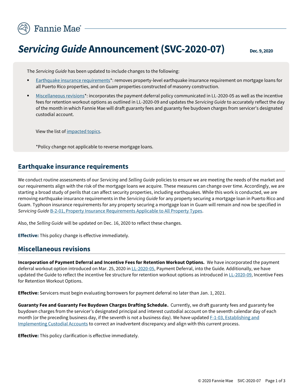 Servicing Guideannouncement (SVC-2020-07) Dec. 9, 2020