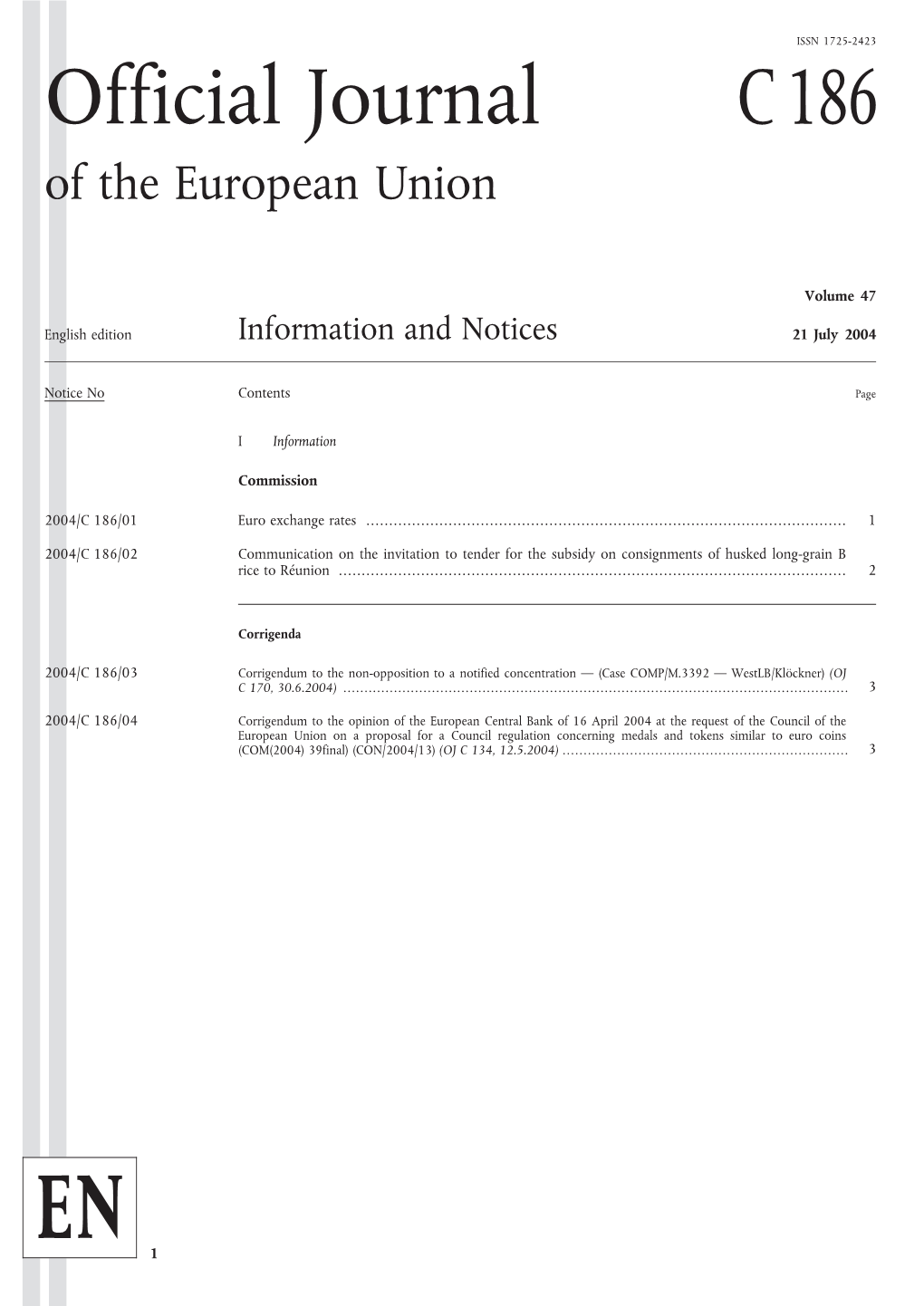 Official Journal C186 of the European Union