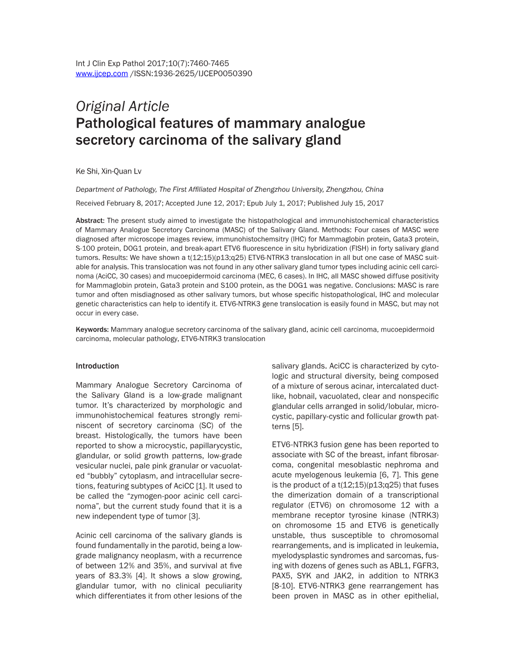Original Article Pathological Features of Mammary Analogue Secretory Carcinoma of the Salivary Gland