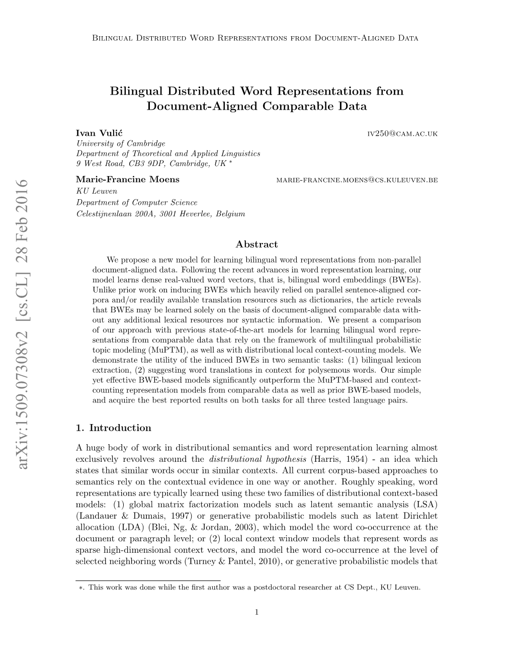 Bilingual Distributed Word Representations from Document-Aligned Data