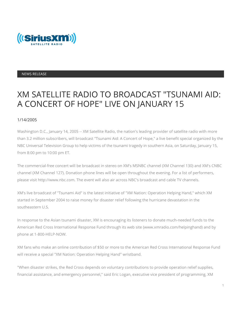 Xm Satellite Radio to Broadcast "Tsunami Aid: a Concert of Hope" Live on January 15